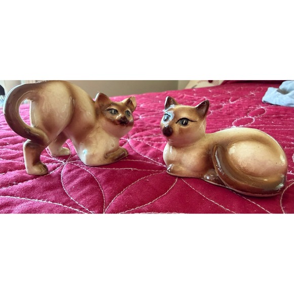 Other - Vtg Siamese Cat Figurines Ceramic Brown White Sitting Standing Pair Home Decor